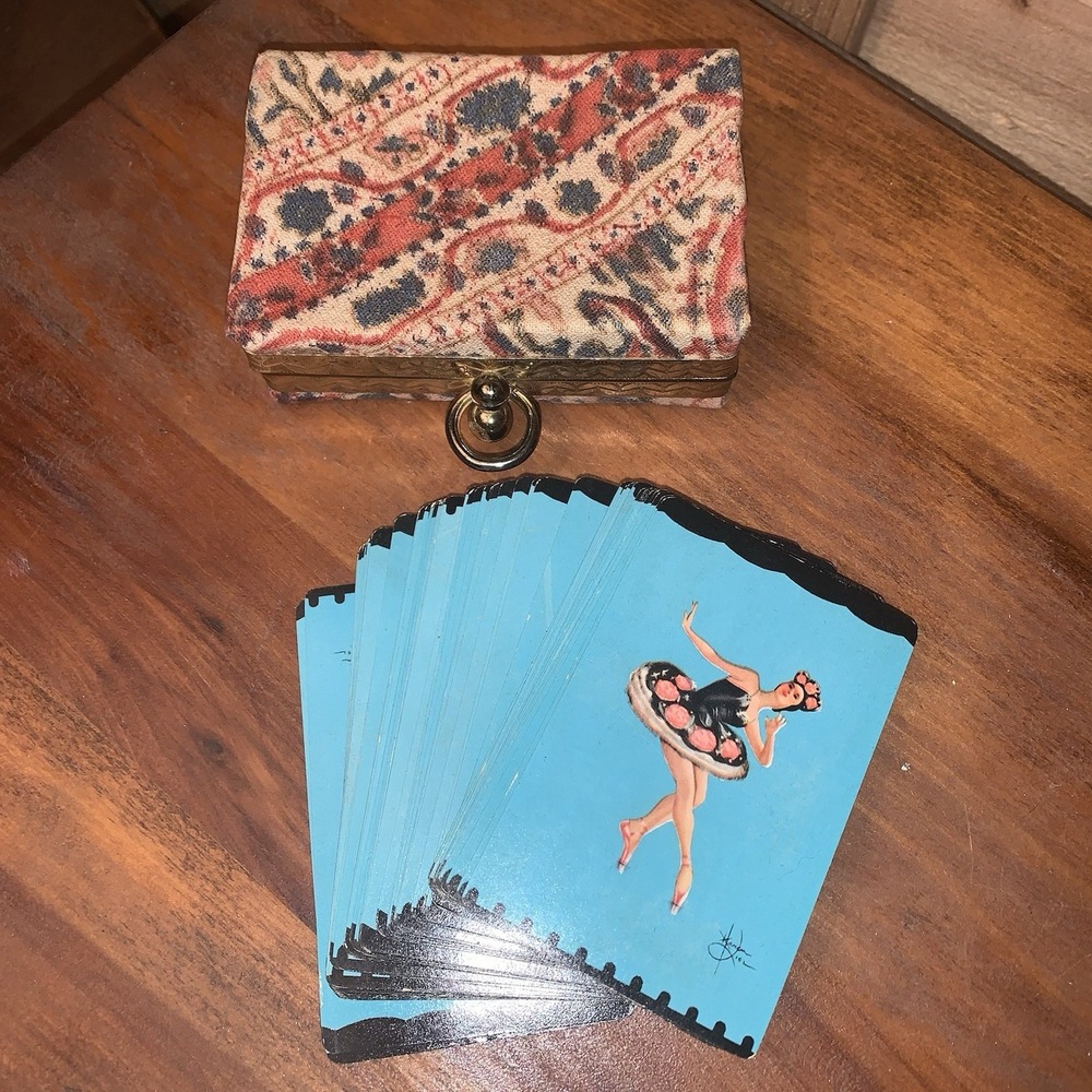 VTG Fabric Trinket Box Bag Japan Playing Card Holder Purse Ballerina 1950s Cards